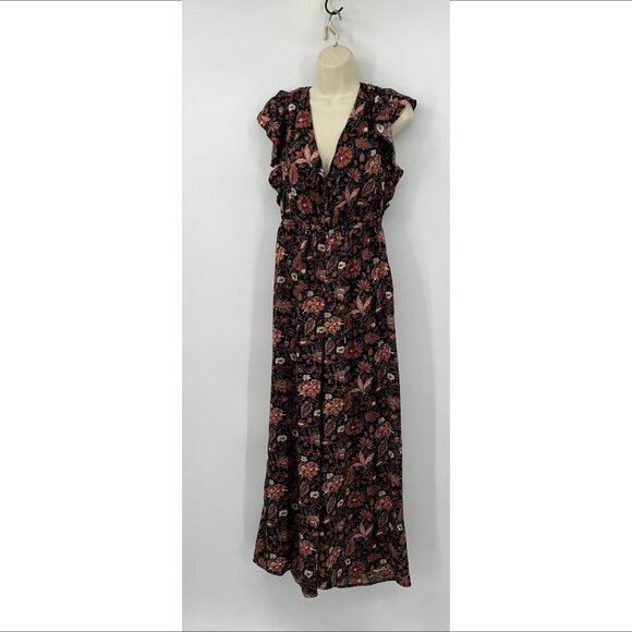 Madewell Deep V ruffled jumpsuit floral black brown wide leg flutter tie X-Large - Picture 2 of 6